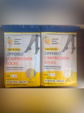 Lemon Hero Health Zippered Compression Socks Open Toe 3XL Short White NEW 2 Pack